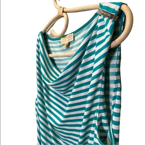 Michael Kors Teal White Stripe Drapery Knotted Waist Size Large Blouse - Picture 3 of 8